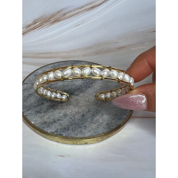 Aura Adjustable Gold-Tone Pearl Open Bangle - Stainless Steel, Hypoallergenic - Picture 2 of 3